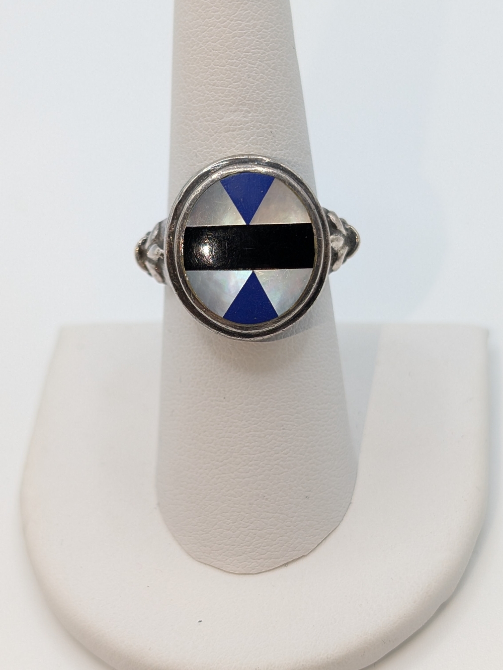 Sterling Silver Inlay Ring with Blue and Black Geometric Inlay